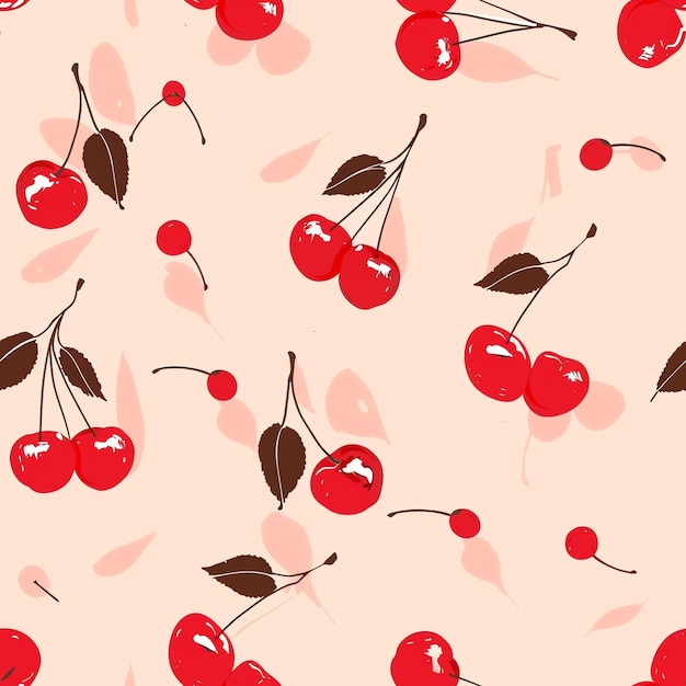 un patrón con cerezas y hojas en un fondo rosa