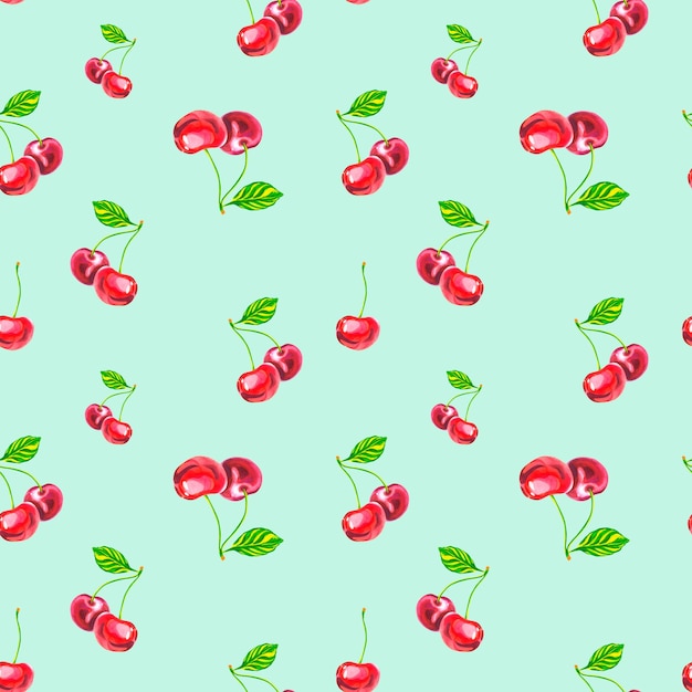 Un patrón de cerezas sobre un fondo azul Ilustración acuarela Cereza