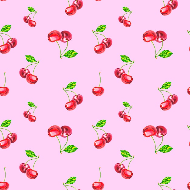 Un patrón de cerezas sobre un fondo rosa Ilustración acuarela Cerezas jugosas Collage