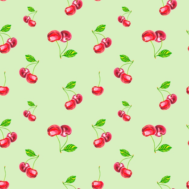 Un patrón de cerezas sobre un fondo verde Ilustración acuarela Cereza