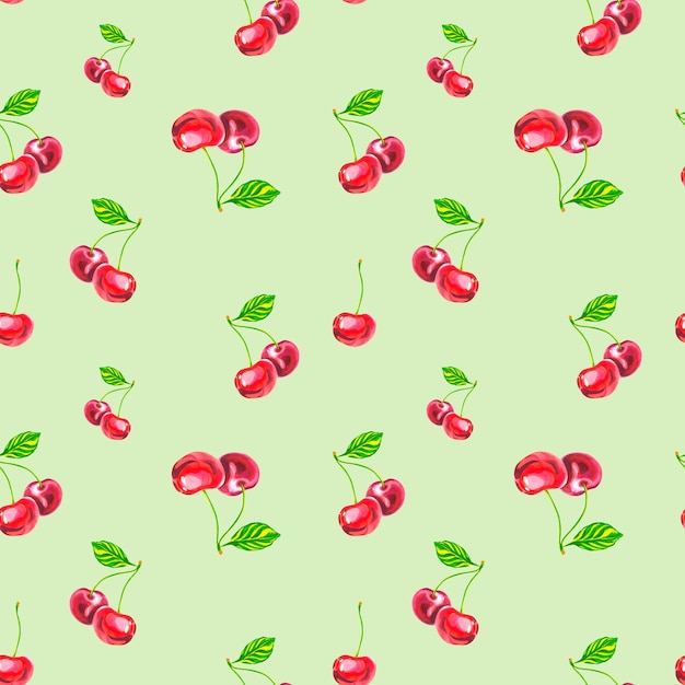 Un patrón de cerezas sobre un fondo verde Ilustración acuarela Cereza