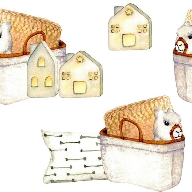 Patrón Cesta de mimbre casas de cerámica linternas almohadas juguete lama Ilustración de acuarela interior de la sala de estar Clipart Elementos de decoración del hogar sobre un fondo blanco