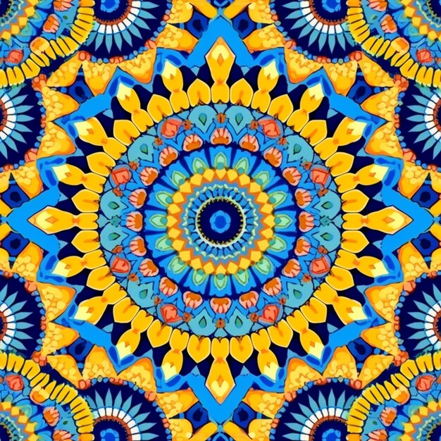 Un patrón circular azul y amarillo con un ai generativo de diseño floral.