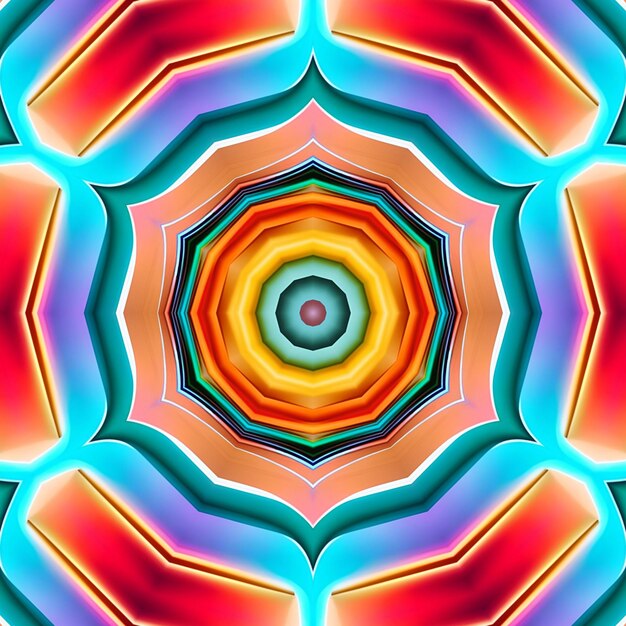 Un patrón circular colorido con un círculo rojo, naranja y azul que dice "encender".