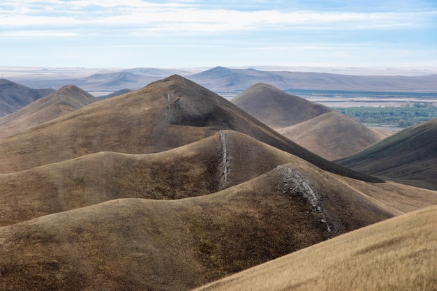 Un patrón de colinas montañosas cubiertas de hierba amarilla seca sin árboles Paisaje otoñal de colinas de varias capas Paisaje perfecto de otoño de montaña Viajes turismo senderismo