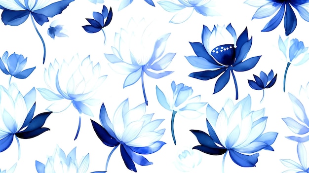 Patrón de color de agua floral de loto transparente sobre fondo blanco.