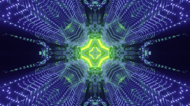 Patrón de color verde y azul del túnel de ciencia ficción futurista en la oscuridad ilustración 3d