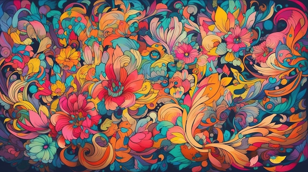 Patrón de colores florales de IA generativa Lisa Frank y James Jean inspiraron plantas naturales