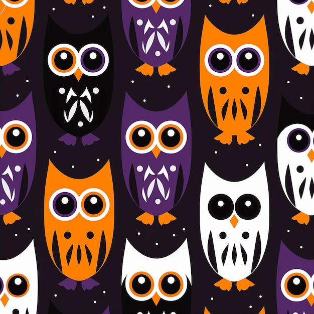 un patrón colorido de búhos con un fondo púrpura con un búho púrpura y naranja en el frente.