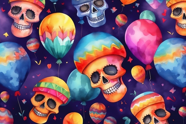 Un patrón colorido con calaveras y globos sobre un fondo oscuro.