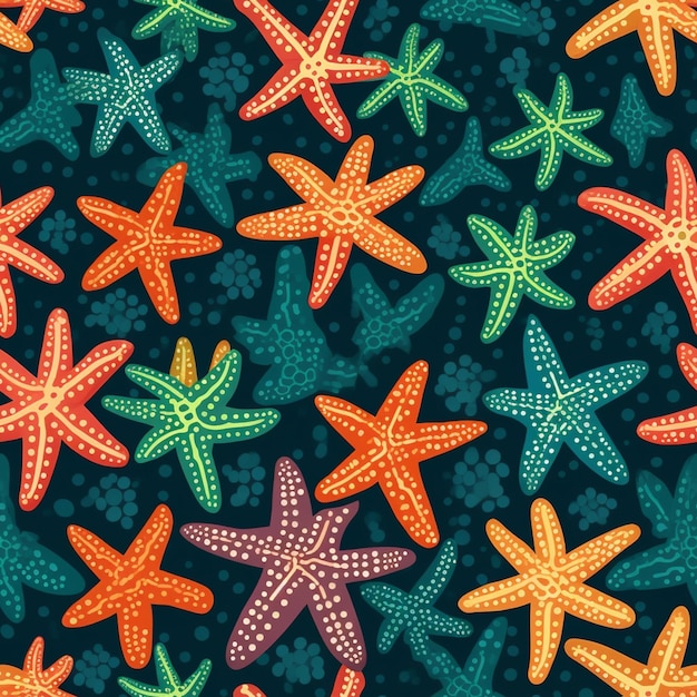 Un patrón colorido con estrellas de mar sobre un fondo oscuro.