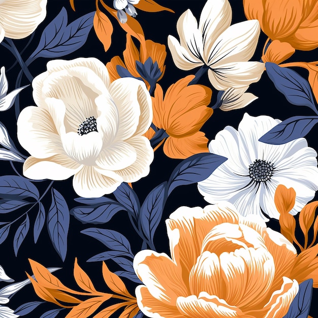 un patrón colorido con flores y hojas en él