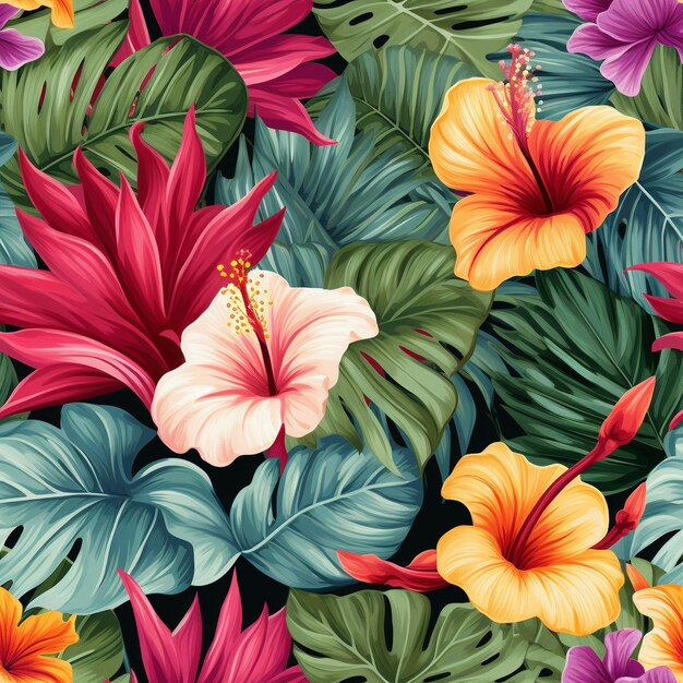 un patrón colorido con flores y hojas tropicales.