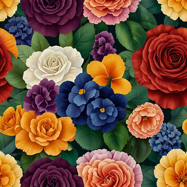 un patrón colorido con flores y hojas