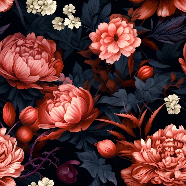 Un patrón colorido con flores y hojas.
