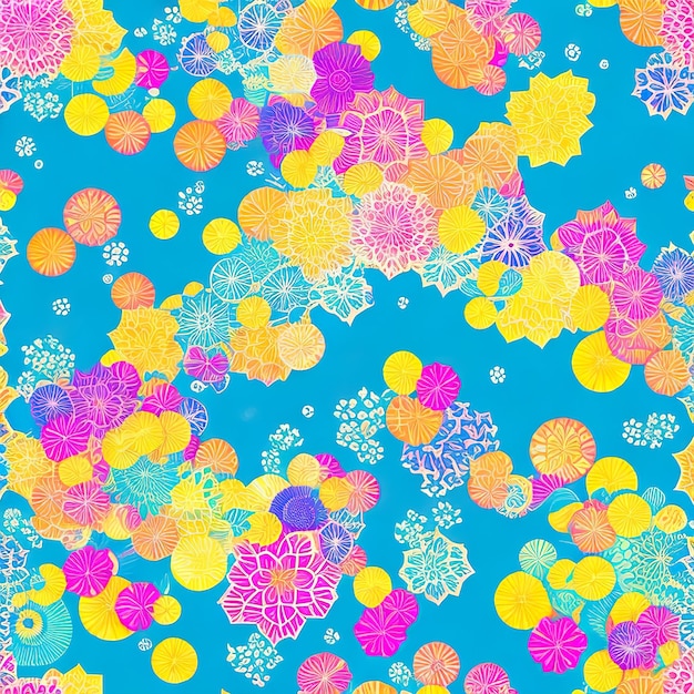 Foto un patrón colorido de flores sobre un fondo azul.