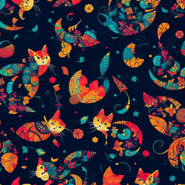 Foto un patrón colorido de gatos con hojas y flores.