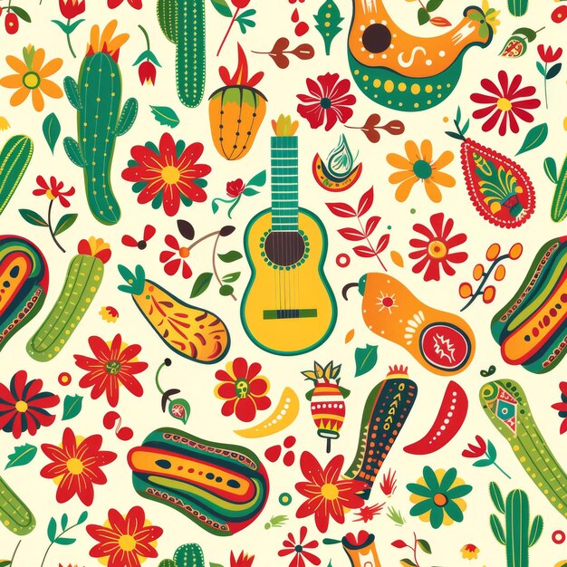 Un patrón colorido con guitarra y flores