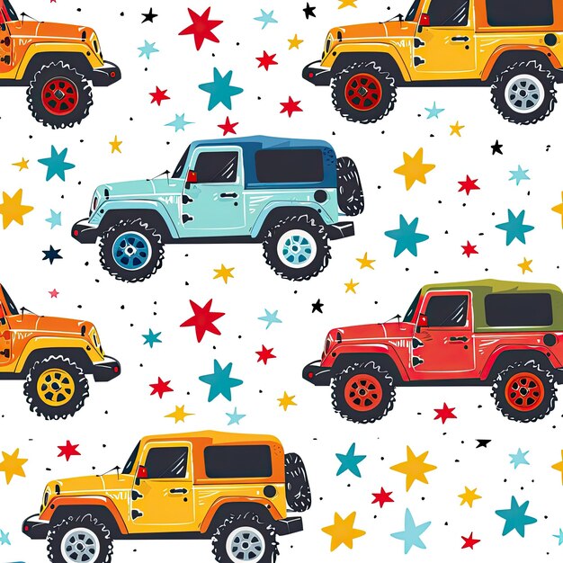un patrón colorido con jeeps y jeeps