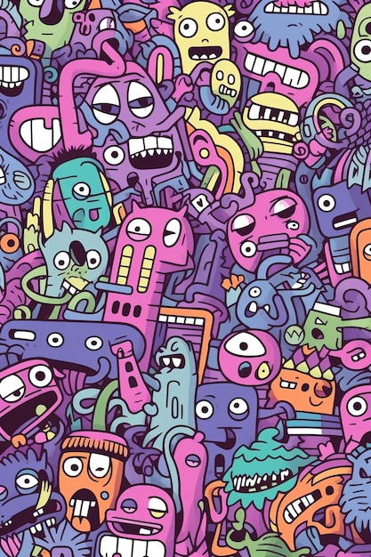 Un patrón colorido con muchos monstruos diferentes y uno con una sonrisa.