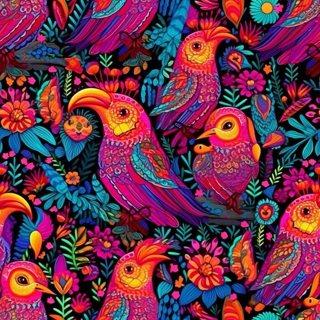 Un patrón colorido de pájaros y flores sobre un fondo negro ai generativo