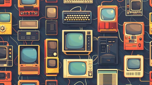 Un patrón colorido de televisores retro computadoras y electrónica conectados con cables