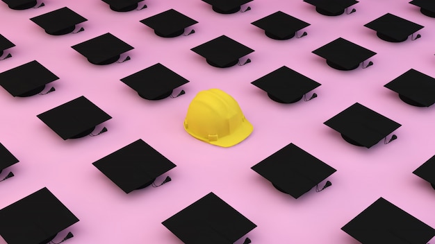 Patrón de composición minimalista con diferentes gorras de graduación y un casco en rosa