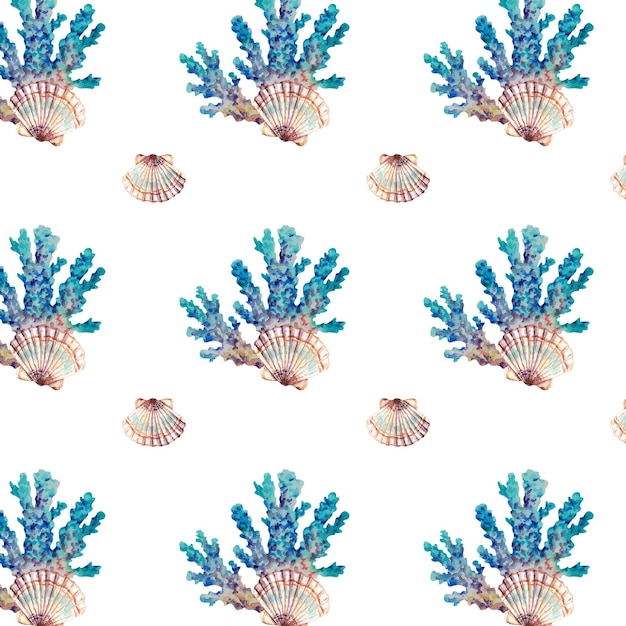 Un patrón de corales y conchas Ilustración acuarela Composición marina Animales marinos Fondo y collage
