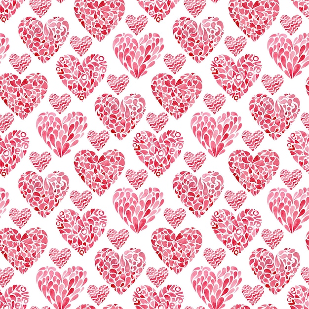 Patrón de corazón rojo acuarela Corazones dibujados a mano de encaje Fondo del día de San Valentín