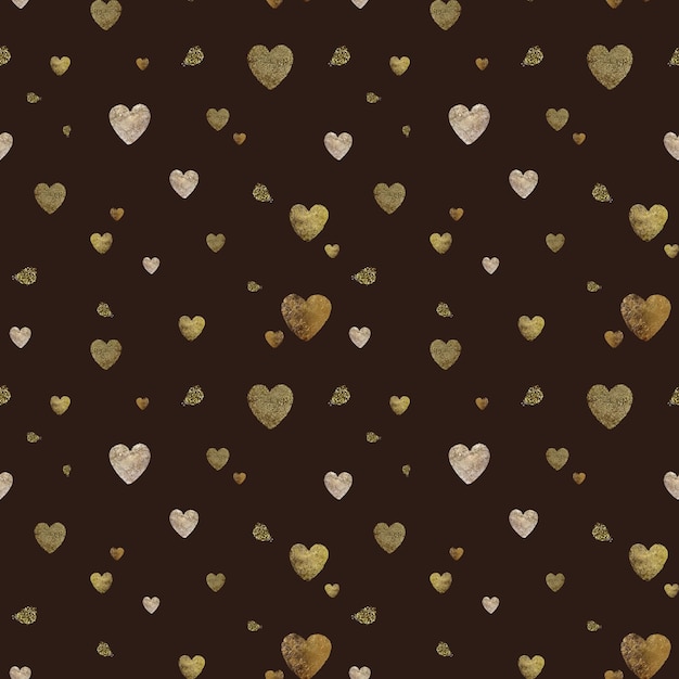 Patrón de corazón de trazo de oro. Una ilustración de acuarela. Textura dibujada a mano. Fondo marrón aislado.