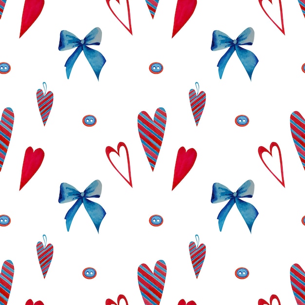 Un patrón de corazones y botones Negocio de costura Trabajo hecho a mano Ilustración de acuarela Día de San Valentín Día de San Valentín Día de la mujer