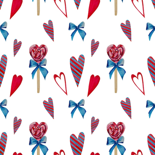 Un patrón de corazones de piruletas y un plátano azul Ilustración de acuarela Collage para el Día de San Valentín