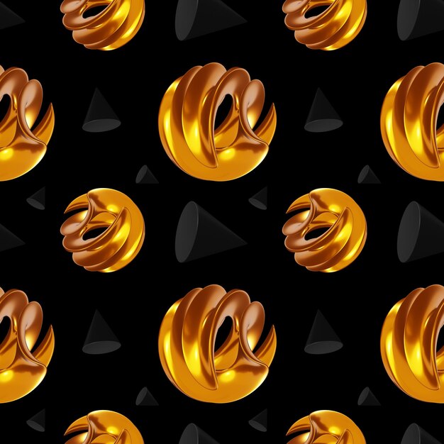 Patrón sin costura abstracto 3d con forma de brillo dorado y elemento negro en fondo de color negro Diseño 3d de ilustración abstracta brillante para web de carteles de banner