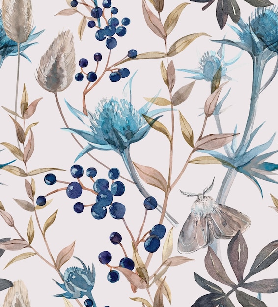 Patrón sin costura botánico con eryngium eucalipto viburnum lagurus pintado a mano en acuarela