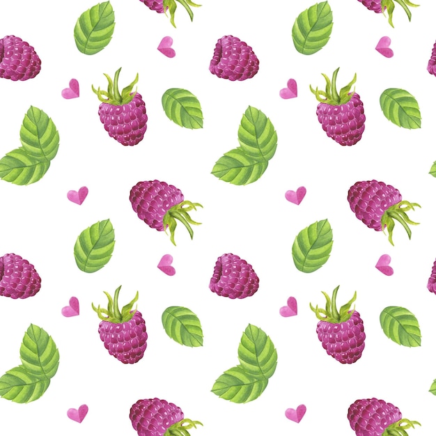 Patrón sin costura frambuesa rosa baya dulce con hojas verdes clipart de alimentos botánicos ilustración de acuarela dibujada a mano fondo aislado Impresión en embalaje de papel de tela