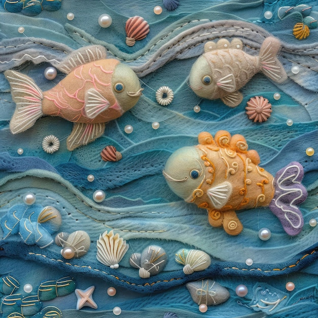 Patrón sin costuras 3D de fieltro lindo pescado en el mar