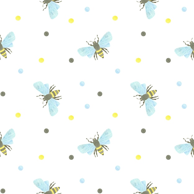 Patrón sin costuras con abejas melíferas y manchas de acuarela multicolores sobre un fondo blanco Acuarela