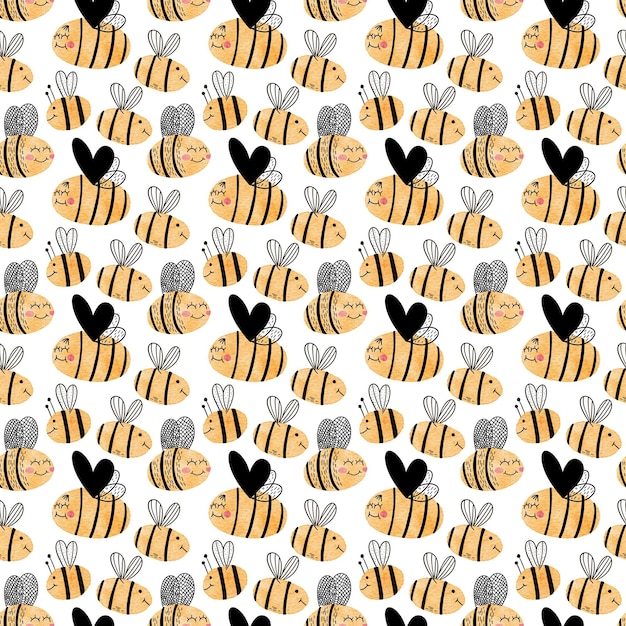 Patrón sin costuras con abejas sobre un fondo blanco.