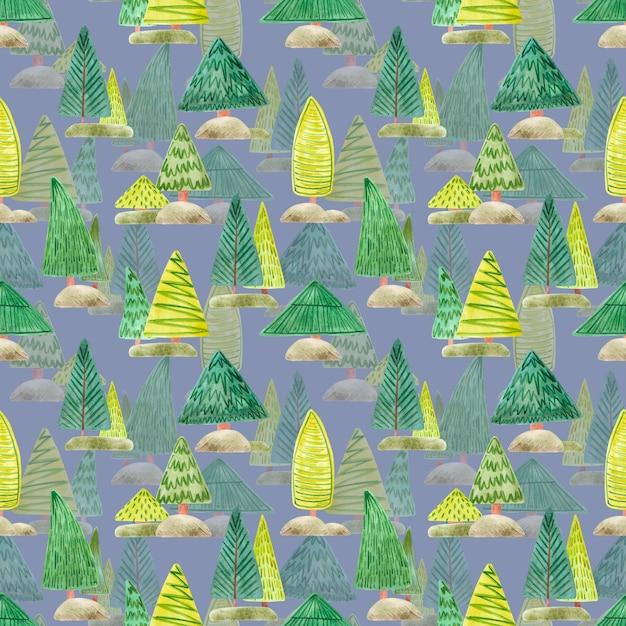 Patrón sin costuras de abeto de acuarela dibujado a mano Ilustración de árboles de hoja perenne aislados sobre fondo azul Se puede utilizar para álbum de recortes de telas textiles y otros productos impresos