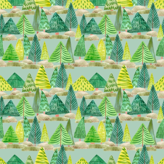 Patrón sin costuras de abeto de acuarela dibujado a mano Ilustración de árboles de hoja perenne aislados sobre un fondo verde Se puede utilizar para álbum de recortes de telas textiles y otros productos impresos