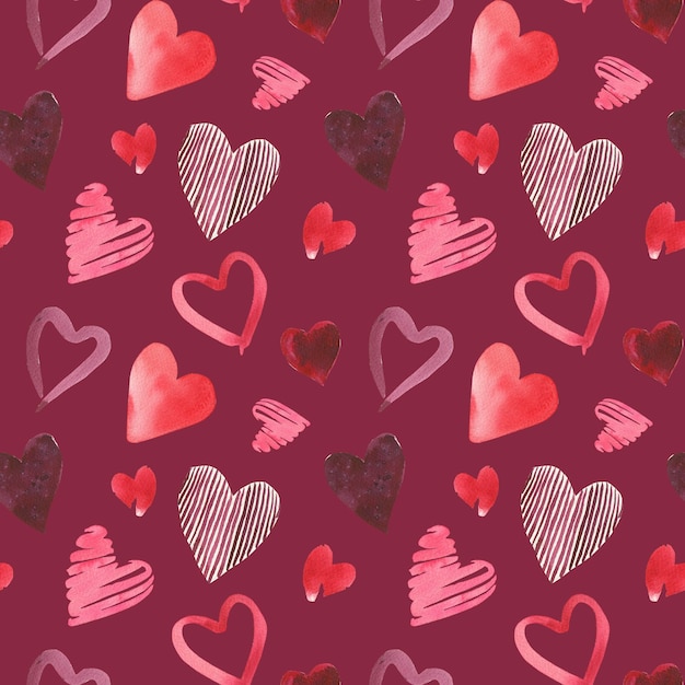 Patrón sin costuras de acuarela con adorables corazones rosados en un fondo oscuro Impresión romántica para el día de San Valentín