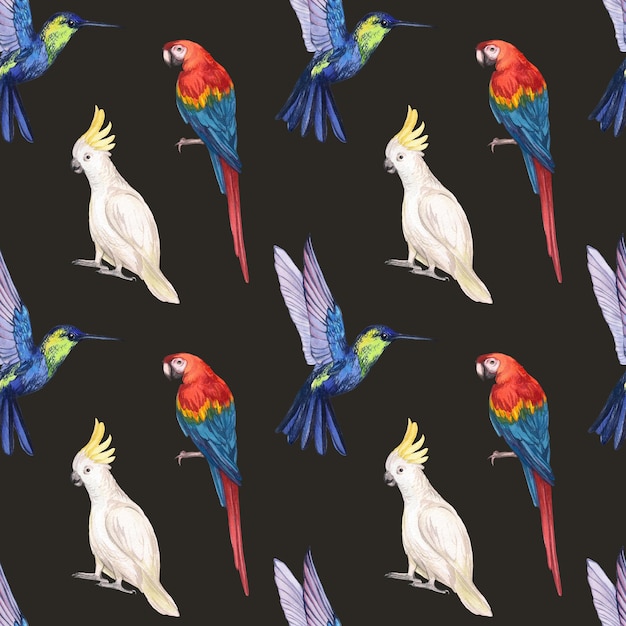Patrón sin costuras en acuarela con aves exóticas tropicales Ilustración de un colibrí, un loro guacamayo y una cacahuete Impresión para productos infantiles, textiles, papeles de pared y envases de papel