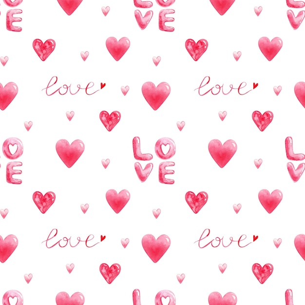 patrón sin costuras de acuarela con corazones de acuarelas rosas dibujado a mano bonito pintado fondo sin fin