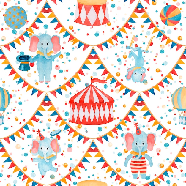 Patrón sin costuras acuarela dibujada a mano circo dibujos animados elefantes ilusionista hombre fuerte gimnasia malabarista y globo grandes guirnaldas en fondo blanco para fabricar papel tapiz álbum de recortes