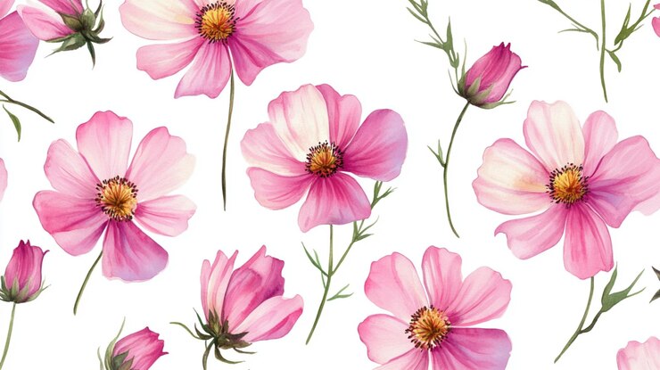 Patrón sin costuras de acuarela dibujado a mano con flores rosas y blancasFondo floral
