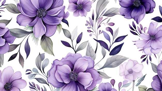 patrón sin costuras de acuarela con flores púrpuras