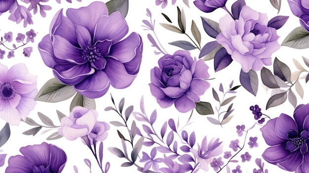 Foto patrón sin costuras de acuarela con flores púrpuras