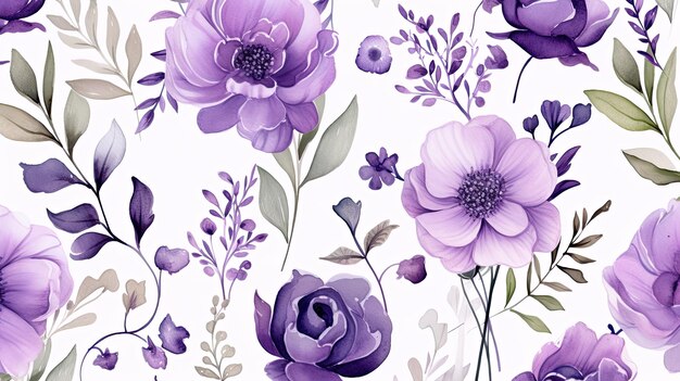 patrón sin costuras de acuarela con flores púrpuras