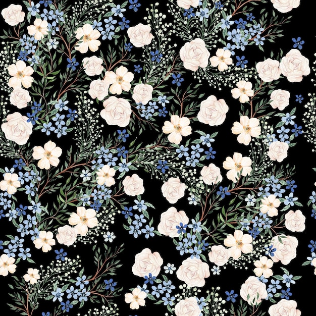 Patrón sin costuras en acuarela con flores rosas y azules y hojas diferentes