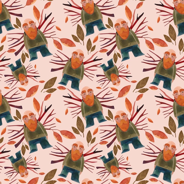Patrón sin costuras de acuarela con gnomos de otoño Papel de embalaje estacional Ilustración de raster para empaquetar tarjetas de felicitación regalos carteles en la habitación de los niños